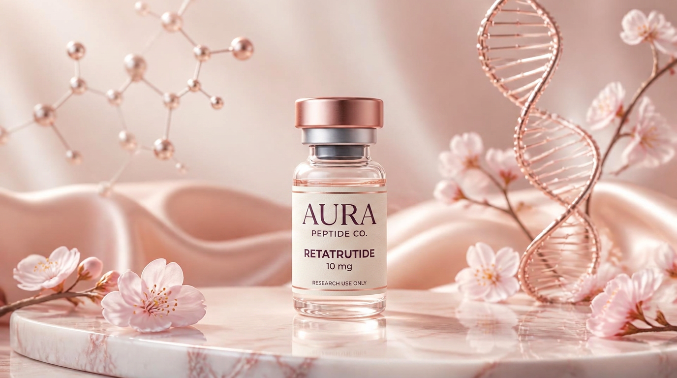 Aura Peptide Co. research vial on marble with blush silk and rose-gold DNA helix